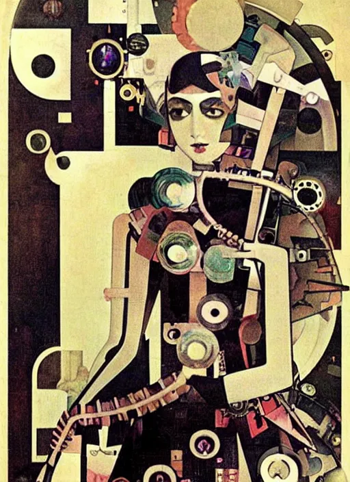 Image similar to cute punk goth fashion fractal mecha girl wearing a television tube helmet and kimono made of circuits and leds, surreal Dada collage by Man Ray Kurt Schwitters Hannah Höch Alphonse Mucha Beeple