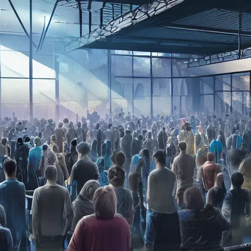 Image similar to large group people in a huge warehouse, looking at a tabletop skyline hologram | cinematic concept art | godrays | 4 k | clear details | tabletop | tabletop | hologram foreground