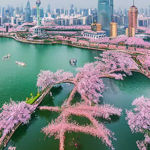 Prompt: a panoramic view of shanghai full of sakura, chinese painting, illusion, stunning, breathtaking, majestic, asian fantasy, digital render, highly detailed