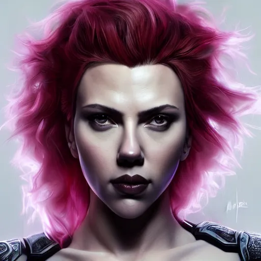 Image similar to detailed portrait of scarlett johansson as very muscular goth zarya from overwatch, beautiful, fantasy, intricate, elegant, highly detailed, digital painting, artstation, concept art, matte, sharp focus, illustration, art by aenaluck, artgerm and roberto ferri and greg rutkowski, epic fantasy, digital painting