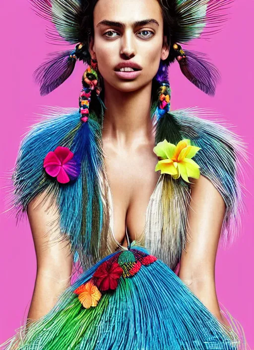 Image similar to beautiful portrait of Irina Shayk wearing fantastic Hand-dyed cotton dress,embellished beaded feather decorative fringe knots ,colorful pigtail,subtropical flowers and plants,symmetrical face,intricate,elegant,highly detailed,8k,digital painting,trending on pinterest,GUCCI,PRADA,harper's bazaar,concept art, sharp focus,golden ratio,illustration,by artgerm,Tom Bagshaw,Lawrence Alma-Tadema,greg rutkowski