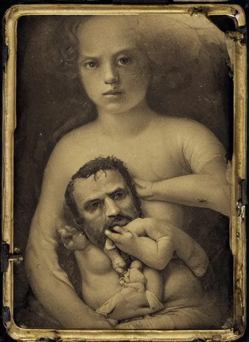 Image similar to old wetplate daguerreotype portrait of the birth of napoleon, explosion of data fragments, fractal, intricate, elegant, highly detailed, parallax, leica, medium format, subsurface scattering, by jheronimus bosch and greg rutkowski and louis jacques mande daguerre