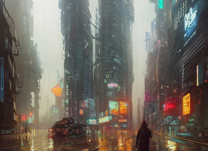 Prompt: An oil painting a cyberpunk city, foggy and raining, hyper detailed, super realistic, isometric, 4k, trending on artstation, octane render, art by artgerm and greg rutkowski and alphonse mucha and craig mullins and James Jean and Andrei Riabovitchev and Marc Simonetti and peter mohrbacher,