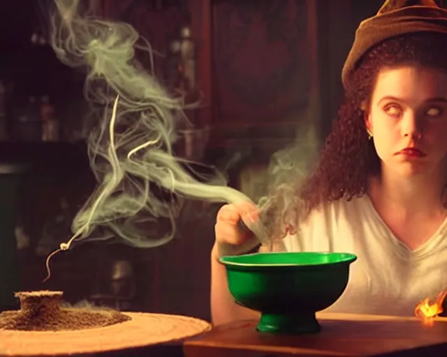 Image similar to close up portrait, dramatic lighting, concentration, calm confident teen witch and her cat mixing a spell in a cauldron, a little smoke fills the air, a witch hat, a little green smoke is coming out of the cauldron, ingredients on the table, apothecary shelves in the background, still from nickelodeon show