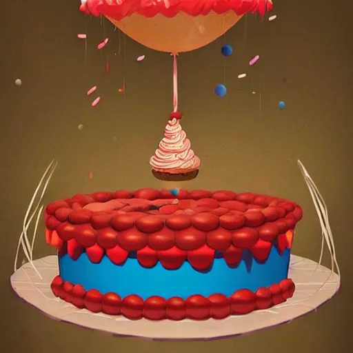 Image similar to a giant floating cake suspended to plenty of floating birthday balloons. digital art, highly - detailed, sharp focus, artstation cgsociety masterpiece