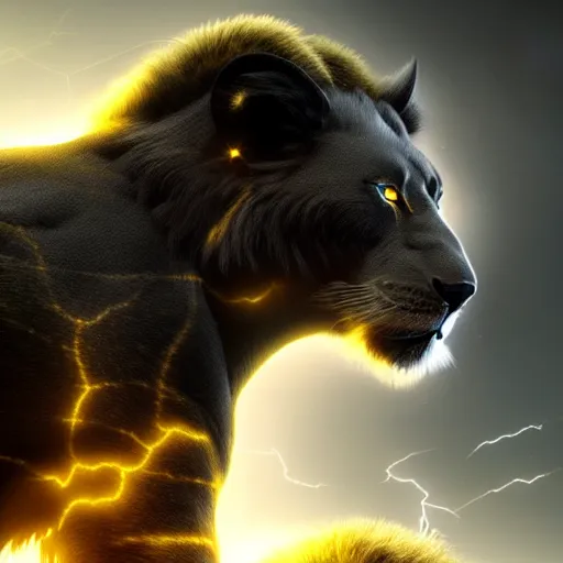 Image similar to epic photography of black lion with gold lightnings in the fur surrounded by ancient trees, colossal scale ,hyperdetailed, artstation, cgsociety, 8k