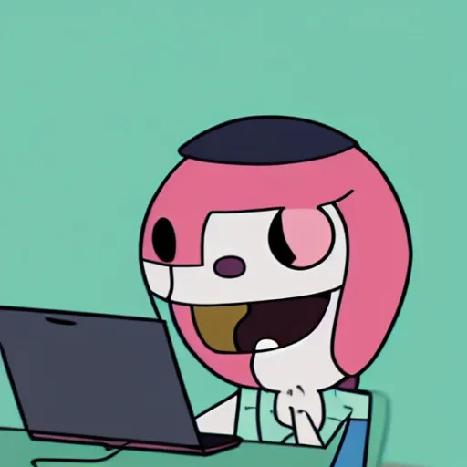 Image similar to a person with bloodshot eyes and tongue out staring at the computer with despondence, adventure time style