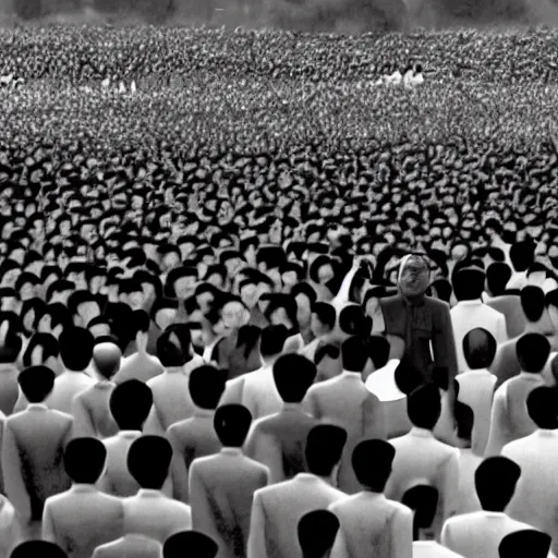 Image similar to cinematic shot of cybernetic kim il - sung standing in a street in pyongyang as a crowd of people cheer in the background, 8 k,