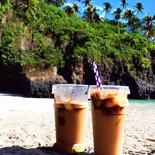 Image similar to 2 monkeys having iced coffee at a beach in the puerto rico