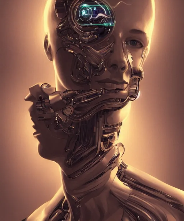 Image similar to a man turning into an Android portrait wearing a part cybernetic body, surrealism , scifi, intricate, elegant, sharp eyebrows, highly detailed cybernetic body, neon glowing eyes, digital painting, artstation, concept art, smooth, sharp focus, illustration, art by Artgerm and moebius and Peter Mohrbacher