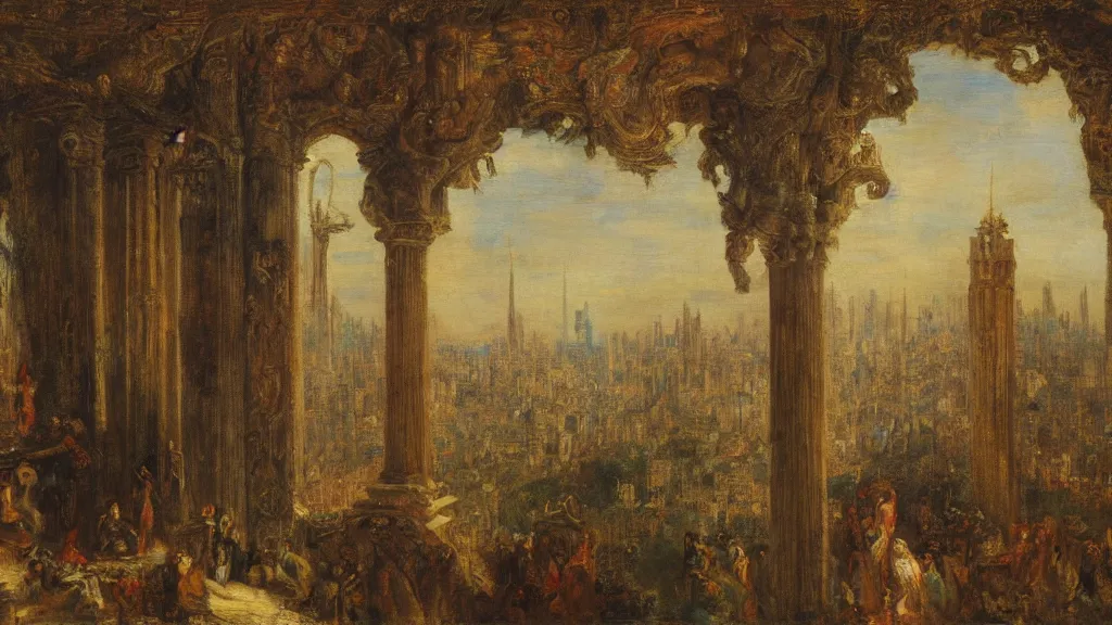 Prompt: a dream city in the style of gustave moreau, fernand keller, oil on canvas, musee d'orsay, 4 k resolution, detailed, enigmatic