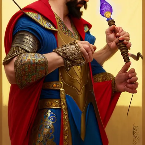 Image similar to charming tailor of middle - eastern descent, dressed in fine colorful robes and jewelry over fantasy armor, goatee, smirking, holding a magic needle, fantasy art by barret frymire by artem priakhin, art by artgerm and greg rutkowski and alphonse mucha, artstation, matte, illustration, intricate, highly - detailed high resolution