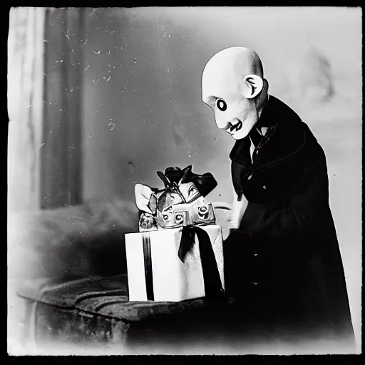 Image similar to adorable count orlok opening presents on christmas, vintage photograph, 4 k