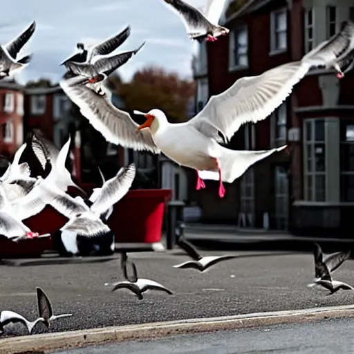 Prompt: mcdonald worker being attacked by seagulls