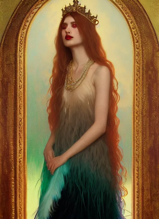 Image similar to ombre velvet gown, feathers, lovely queen, portrait, long white hair, tiara, dozens of jeweled necklaces, feral languid woman, by greg rutkowski, anato finnstark, alphonse mucha, global illumination, radiant light