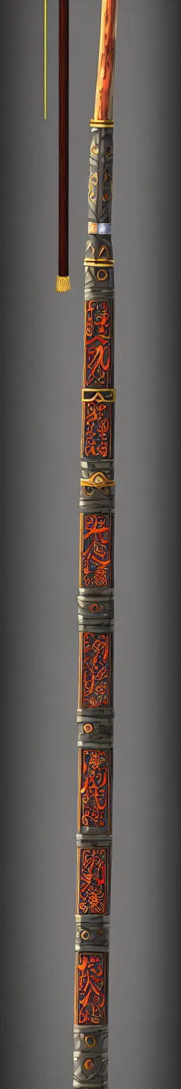 Image similar to single wooden long straight thin ninja fighting staff decorated with oriental ornaments, polished, weapon, highlight, vertical, centred, highly symmetric, sci - fi, fantasy, japan, dnd, close shot, bright uniform background, directional lighting, digital art, hyperrealism, award winning, 8 k, trending on art station