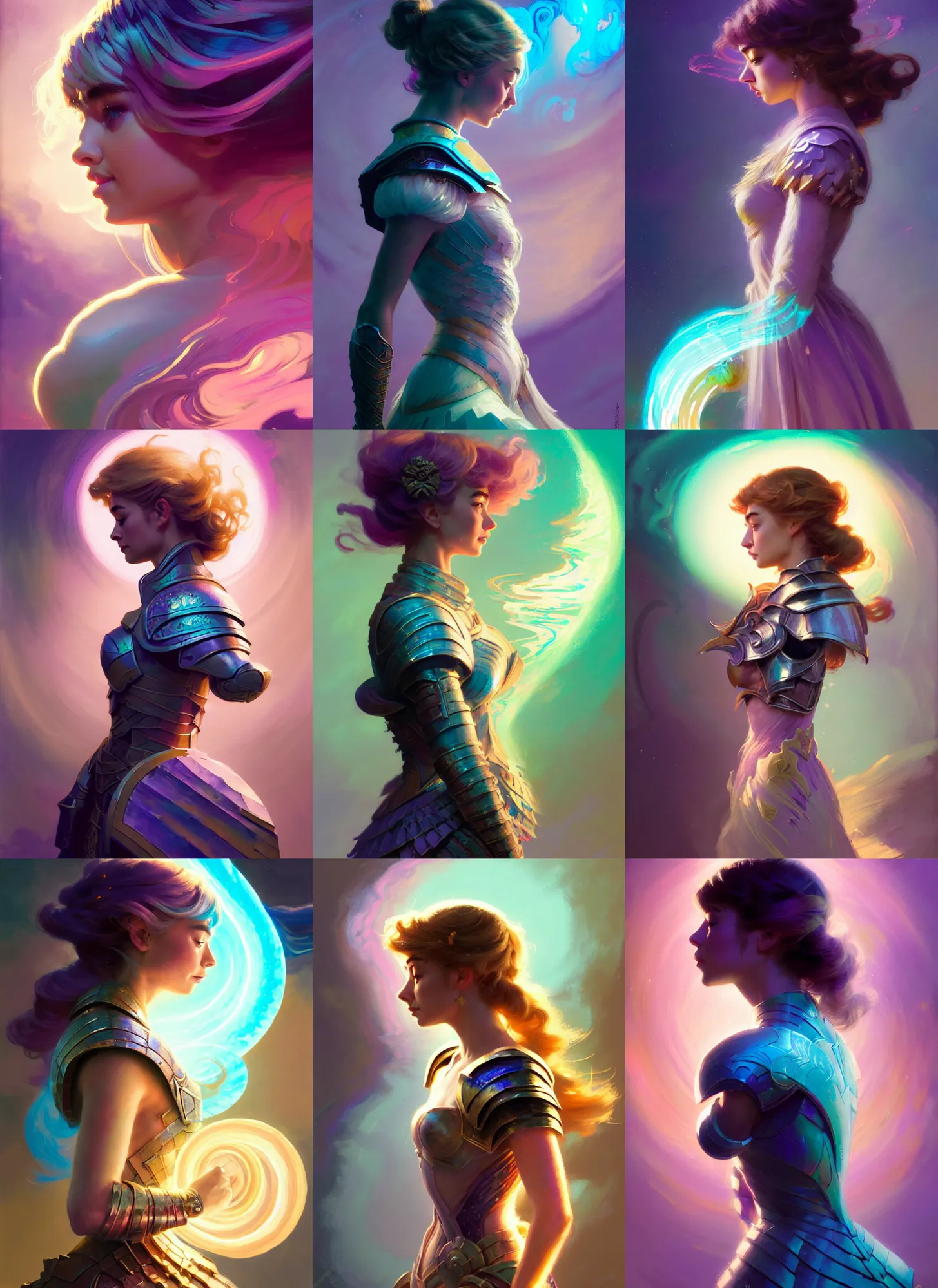 Prompt: side profile, imogen poots, paladin armor, gloomhaven, luminescent, colorful swirly magic ripples, pastel colors, by greg manchess, huang guangjian, gil elvgren, sachin teng, greg rutkowski, jesper ejsing, ilya kuvshinov