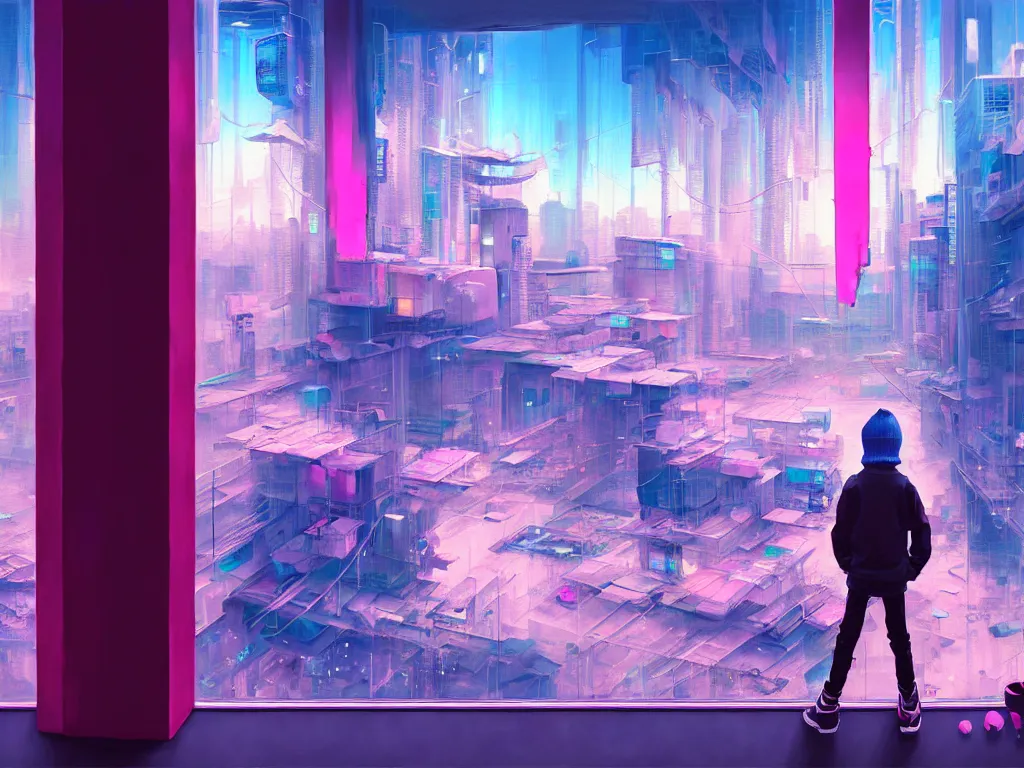 Prompt: a painting of a boy + pink hair + beanie, in a glass box mid city, futuristic, cyberpunk art by yoshitaka amano and alena aenami, cg society contest winner, retrofuturism, matte painting, apocalypse landscape, cityscape