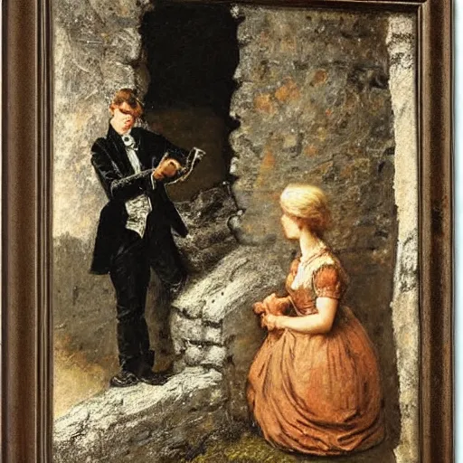 Image similar to young victorian man and woman solving a riddle carved into a stonewall in a dungeon, by alfred stevens