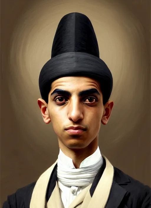 Image similar to a portrait of an egyptian boy with a crooked nose in victorian clothing, confident pose, intricate, elegant, sharp focus, illustration, highly detailed, concept art, matte, trending on artstation, anime, art by james jean and artgerm and brian despain and alberto mielgo, greg rutkowski, wlop, ilya kuvshinov, strong strokes