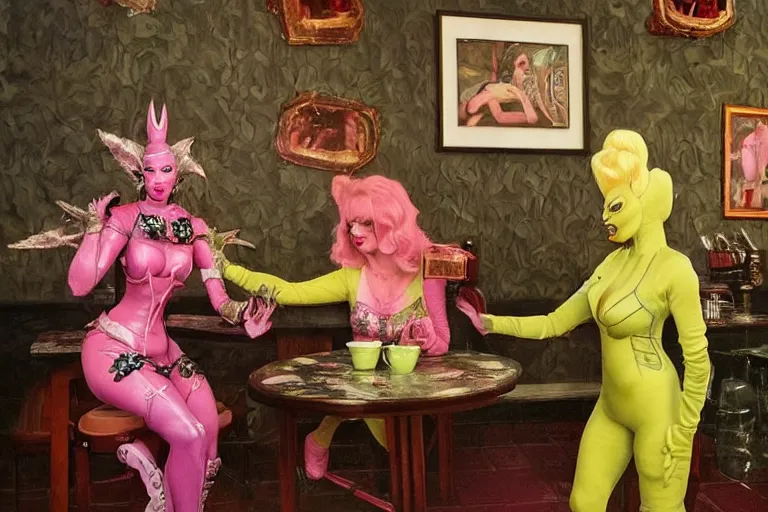 Image similar to Angelyne fights Scorpion from Mortal Kombat in the tea room, painted by mark ryden