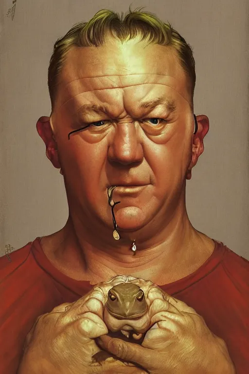 Image similar to upper body portrait of clean-shaven ray winstone as a toad hybrid high priest by norman rockwell and boris vallejo