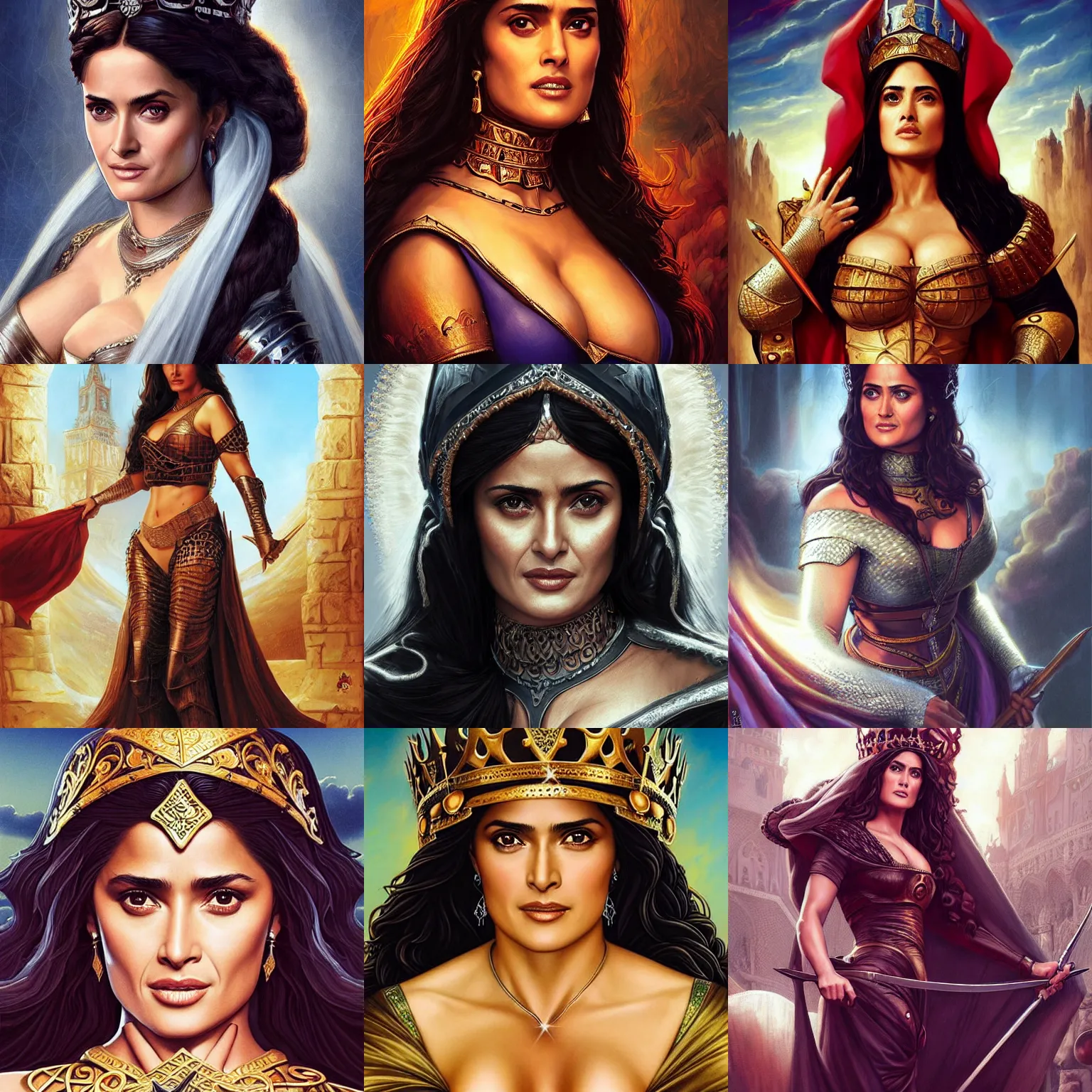 Prompt: Salma Hayek as a beautiful Medieval Queen by Artgerm and Anna Podedworna and Alex Ross, extremely detailed , hyper realistic ,smooth, sharp focus
