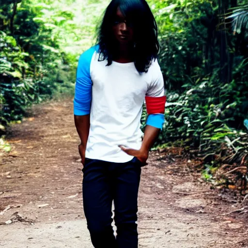 Prompt: dark skin anime character using tight white red raglan sleeve, tight blue jeans and cool shoes, silky long black hair with bangs in a tropical forest