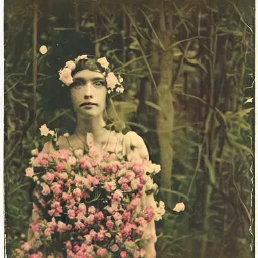 Image similar to portrait of a beautiful woman covered in flowers, Forest, ray gods, 1910 polaroid photography