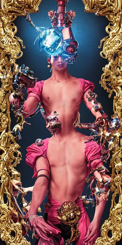 Image similar to baroque and cyberpunk style full-body sculpture of a young seductive Hispanic prince half android with a chest exposing a glowing ruby battery, glowing pink seductive laser eyes, crown of blue gears and diamonds, swirling salmon-colored silk fabric, robotic raptors dinosaurs. baroque elements. full-length view. intricate artwork by caravaggio. art by Artgerm and Greg Rutkowski and Alphonse Mucha, Trending on artstation, cinematic industrial lighting, photorealistic, octane render, 8k, depth of field, 3D