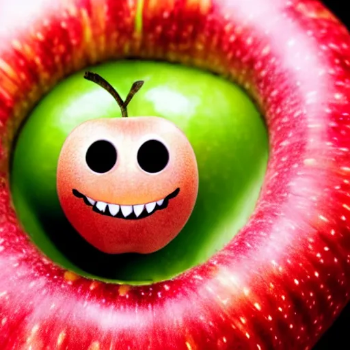 Image similar to apple with a smiling worm sticking out