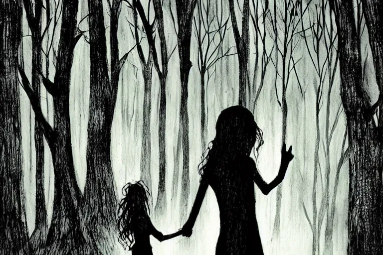 Image similar to mad girl wandering the woods hand in hand with shadow figure artwork by ben templesmith