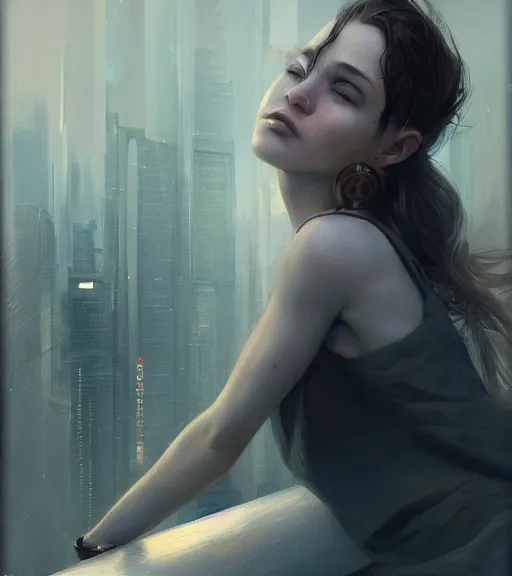 Image similar to girl sitting on a rooftop, cyberpunk, medium shot, realistic detailed face, by charlie bowater, by wlop, by jeremy lipking, expressive oil painting, portrait, digital art