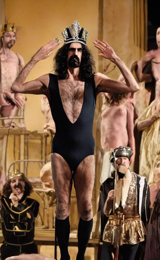 Image similar to Frank Zappa in a leotard and a crown performs the role of Richard III in award-winning modern dress production of Richard III in front of a live audience, action shot