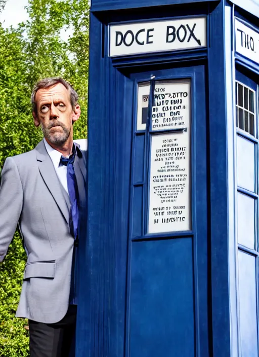 Prompt: dslr photo portrait still of hugh laurie as doctor who in front of the tardis, 8 k, 8 5 mm f 1. 4