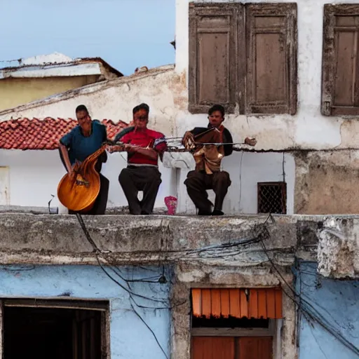 Prompt: a cuban trio of cats playing cuban instrument on the rooftops of houses