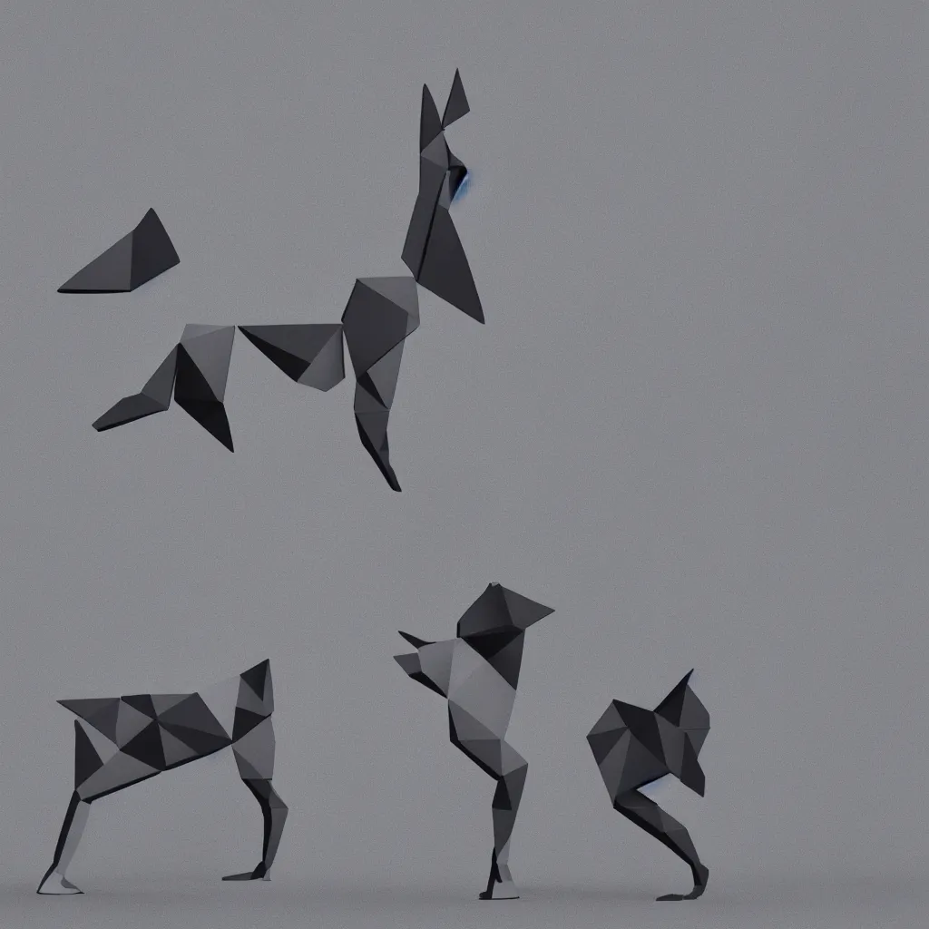 Image similar to 3 d render of chinese tangram of german shepherd figure made of dark gray pieces on light gray background, 2 d image