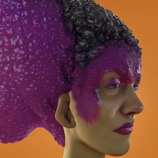 Prompt: a texture map of wet orange skin with purple warts and curly hairs | seamless | unreal engine | octane | red shift