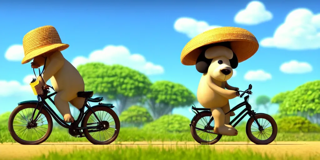 Image similar to shot of a cute bear on a bike wearing a sunhat studio ghibli pixar disney animation sharp render