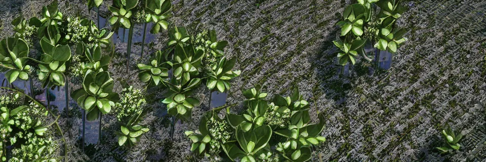 Image similar to Solarpunk synthetic plants blooming, close-up from above, reflections, 8k, stunning masterpiece, octane render, award winning, world press photo, futuristic, intense atmosphere