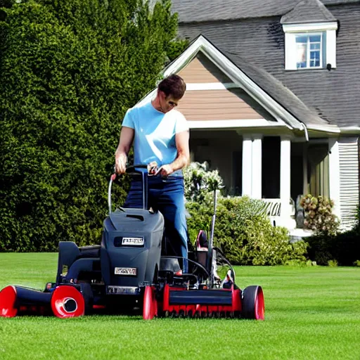 Image similar to Homelander mowing the lawn, photo