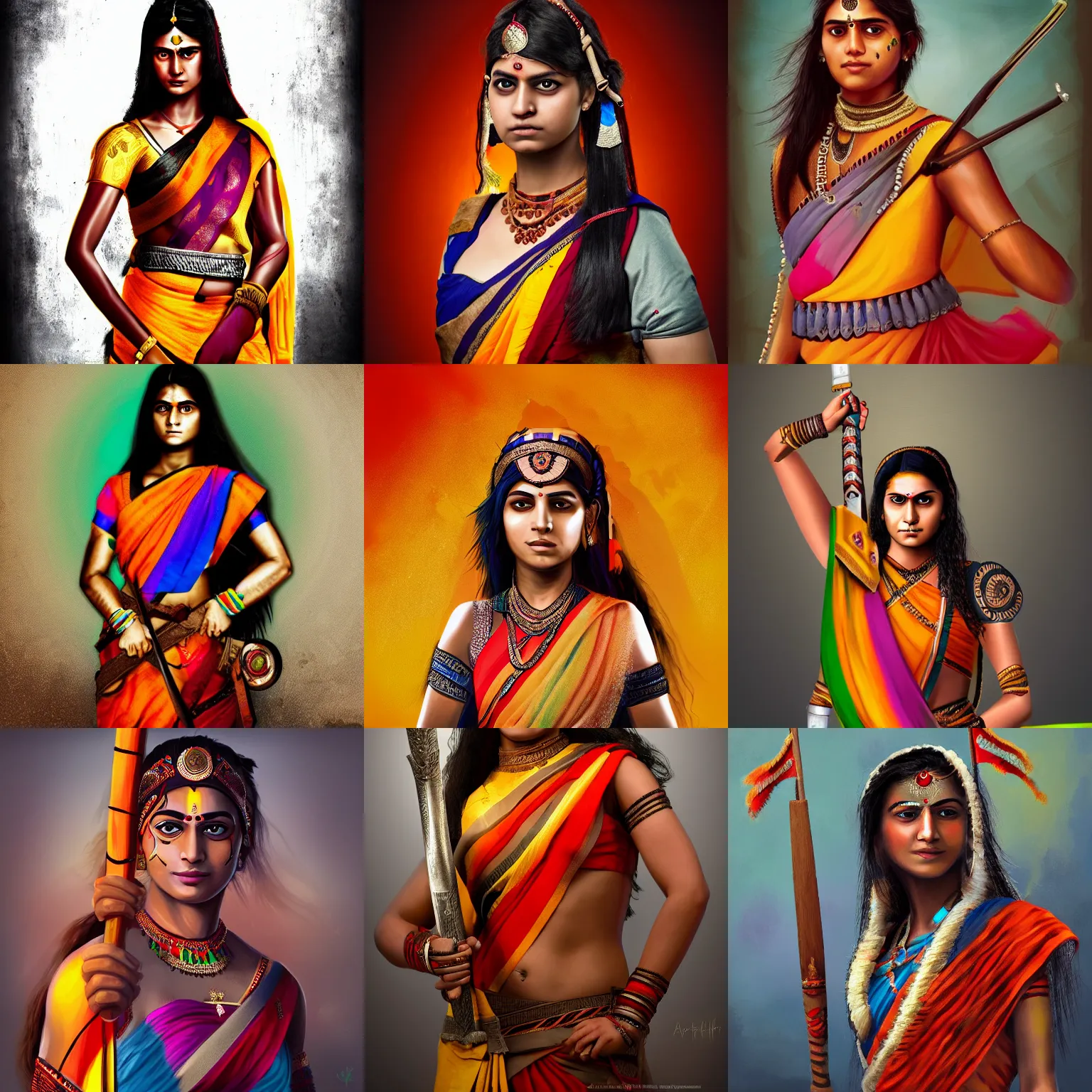 Prompt: High quality portrait of a young Indian shieldmaiden, wearing a sari with the colours of the Indian flag, holding a sword, high quality, 4k, trending on ArtStation