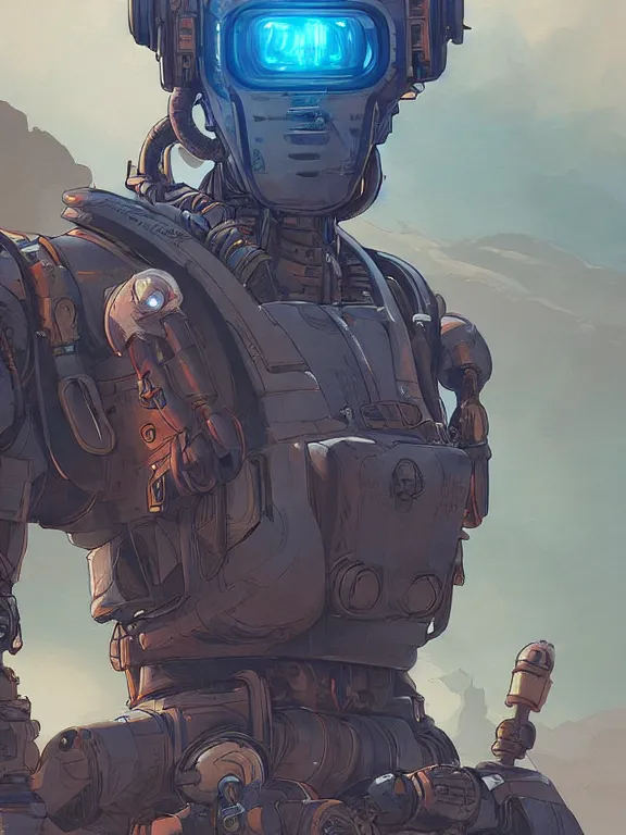 Image similar to solarpunk digital illustration pathfinder robot from apex legends, portrait by james gurney and laurie greasley, concept art, cinematic composition, hyper realism, photorealistic, dramatic lighting, highly detailed, vintage sci - fi