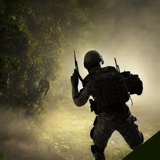 Image similar to Mercenary Special Forces soldier in light grey uniform with black armored vest and helmet launching an ambush attack in the jungles of Tanoa, combat photography by Feng Zhu, highly detailed, excellent composition, cinematic concept art, dramatic lighting, trending on ArtStation