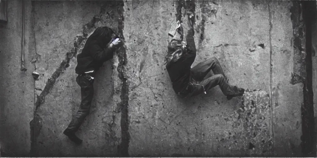 Prompt: detailed medium format photo, polaroid still from an old french movie, sleazy man trying to climb over a wall in night streets of paris, haze, high production value, intricate details, 8 k resolution, hyperrealistic, hdr, photorealistic, high definition, tehnicolor, award - winning photography, masterpiece, amazing colors