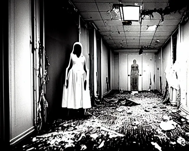Image similar to creepy mangled woman wearing white dress standing in the backrooms, the eerie forlorn atmosphere of a place that's usually bustling with people but is now abandoned and quiet, buzzing fluorescent lights above the ceiling, unsettling images, liminal space, dark,
