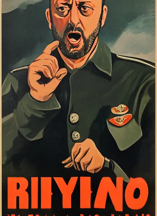 Image similar to Portrait Jean Reno gesture,look of hate, threatening pose, 1940s propaganda poster, full hd,highly detailed