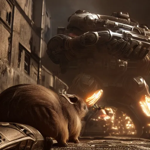 Image similar to guinea pig in gears of war, splash art, movie still, detailed face, photorealistic facial features, cinematic lighting, dramatic, octane render, long lens, shallow depth of field, bokeh, anamorphic lens flare, 8 k, hyper detailed, 3 5 mm film grain