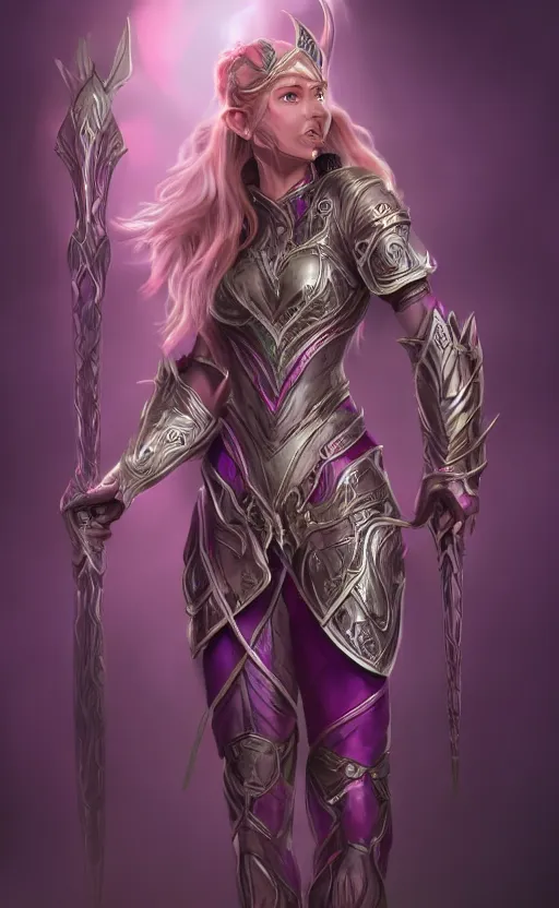 Image similar to a full body portrait of an elven woman with pink skin, and armor fit for a queen, wearing purple headphones, and smiling, dynamic lighting, photorealistic fantasy concept art, trending on art station, stunning visuals, creative, cinematic, ultra detailed