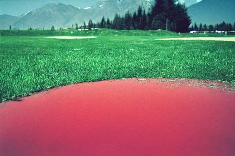 Image similar to film color photography, long view of green lawn with mirror that reflected red, no focus, mountains in distance, 35mm